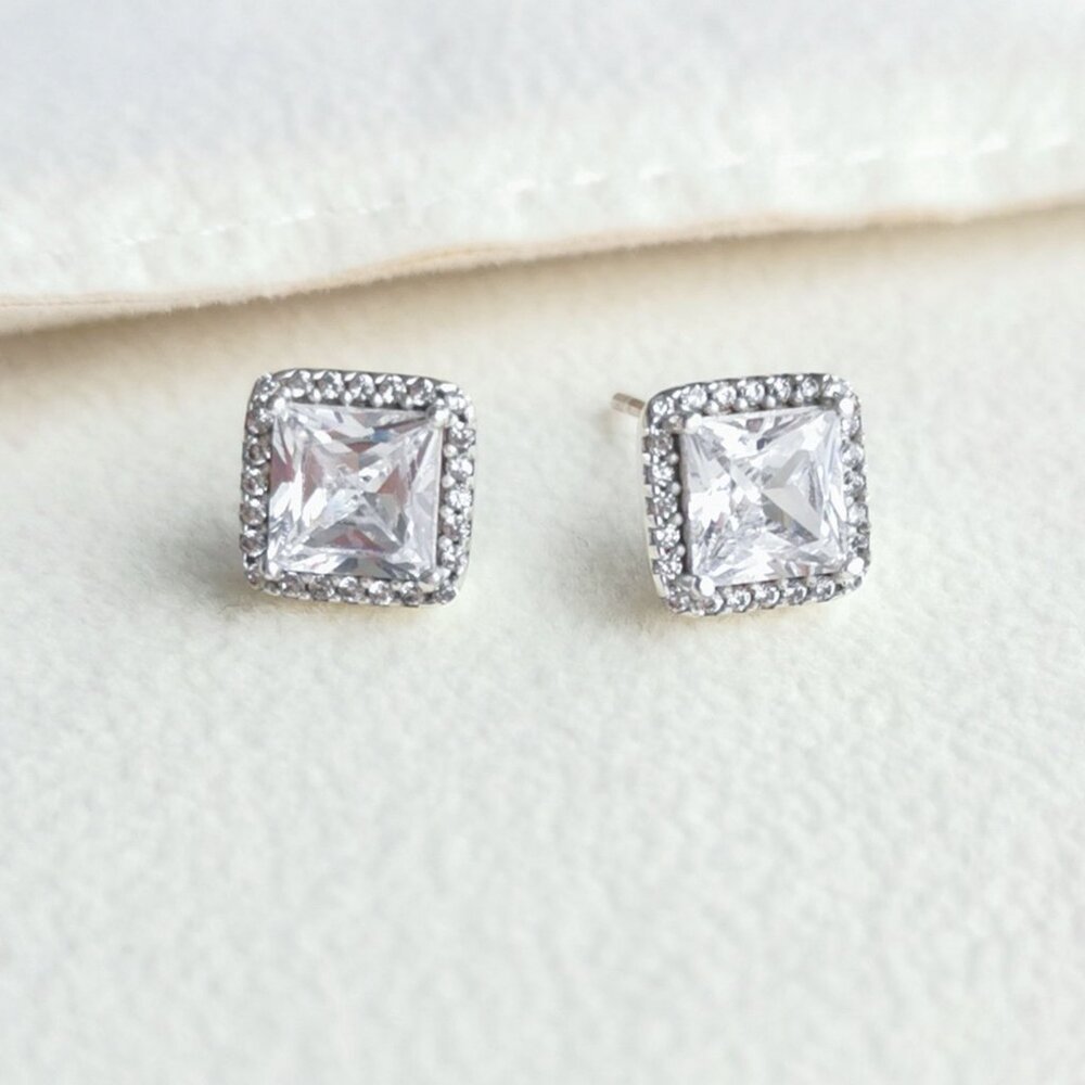 Pandora - Square Sparkle Silver Clear Halo Stud Earrings - new